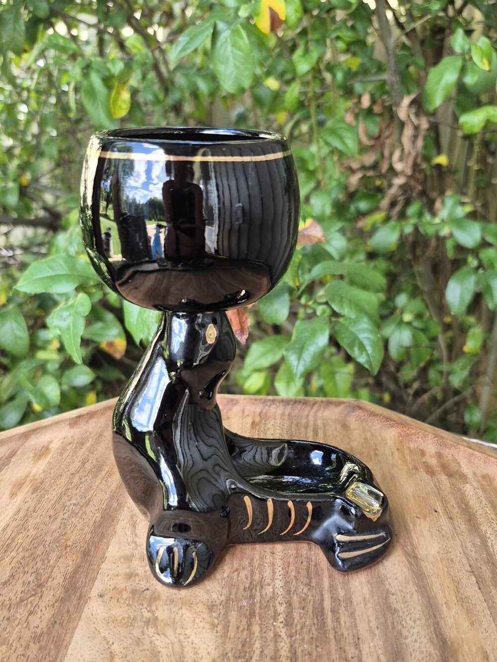 Vintage MCM Black Ceramic Seal Ashtray & Cigarette Holder